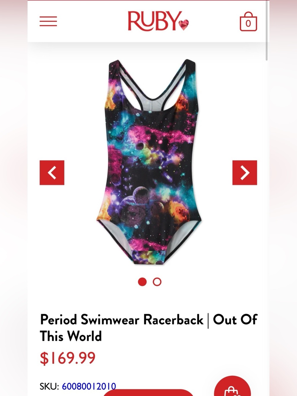 NWT Ruby Love Period Swimwear Racerback, Out of this World, Size XL